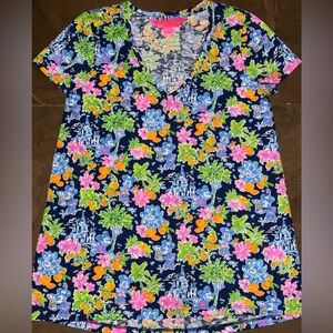 Lilly Pulitzer X Disney Mickey Mouse Castle Floral Print Short Sleeve Tee SZ XS